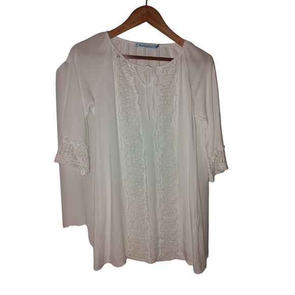 Solitaire Swim White Lace Front/ Cuffs Beach V-Neck Layering Top Size Small - Picture 1 of 10